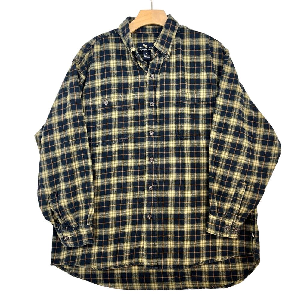 Moose Creek Flannel Shirt Mens Sz L Plaid Camping Outdoor Grunge Blue Tan Soft